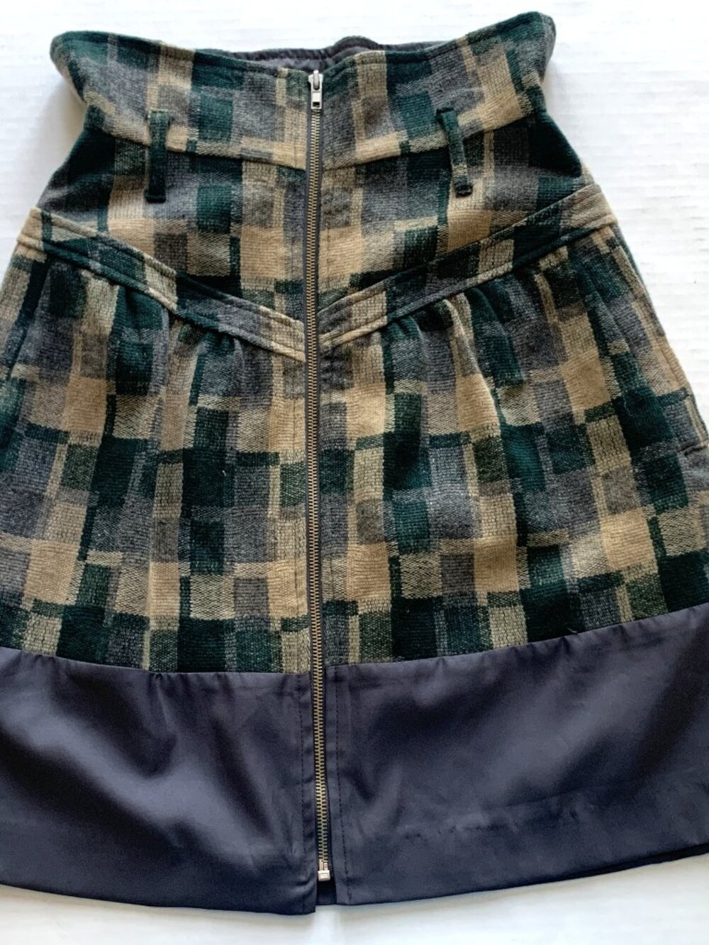 Plaid Wool Blend High-Waist Skirt Green Gray Sz F S Pockets